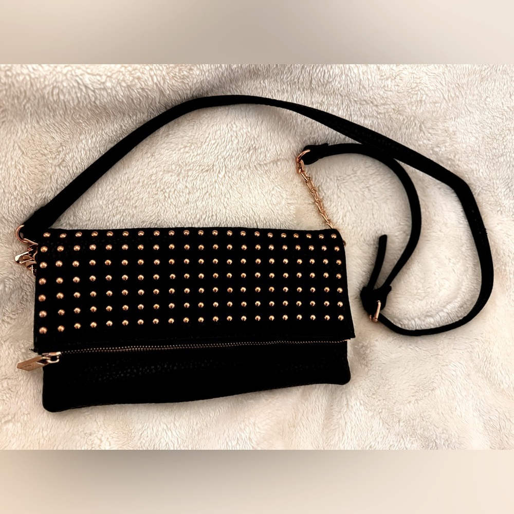 Deux Lux Black Leather Crossbody with Rose Gold Studded Detail